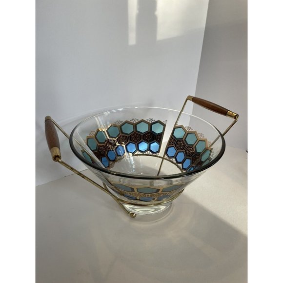 MCM Glass Salad Bowl With Wood & Metal Stand Aqua Blue & Gold Trim - Picture 2 of 12